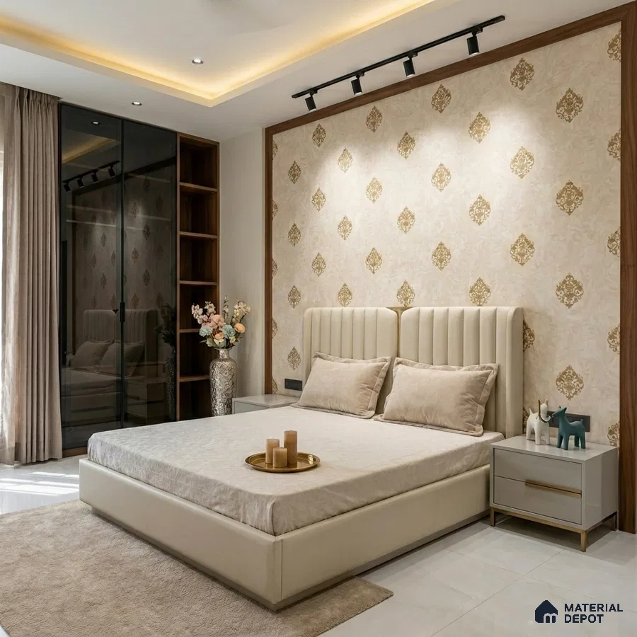 Modern bedroom with beige suede upholstered bed, gold patterned wallpaper, and glossy white floor tiles