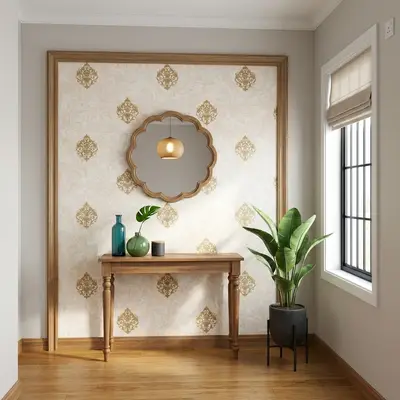 Traditional foyer with damask patterned wallpaper and natural wood console table