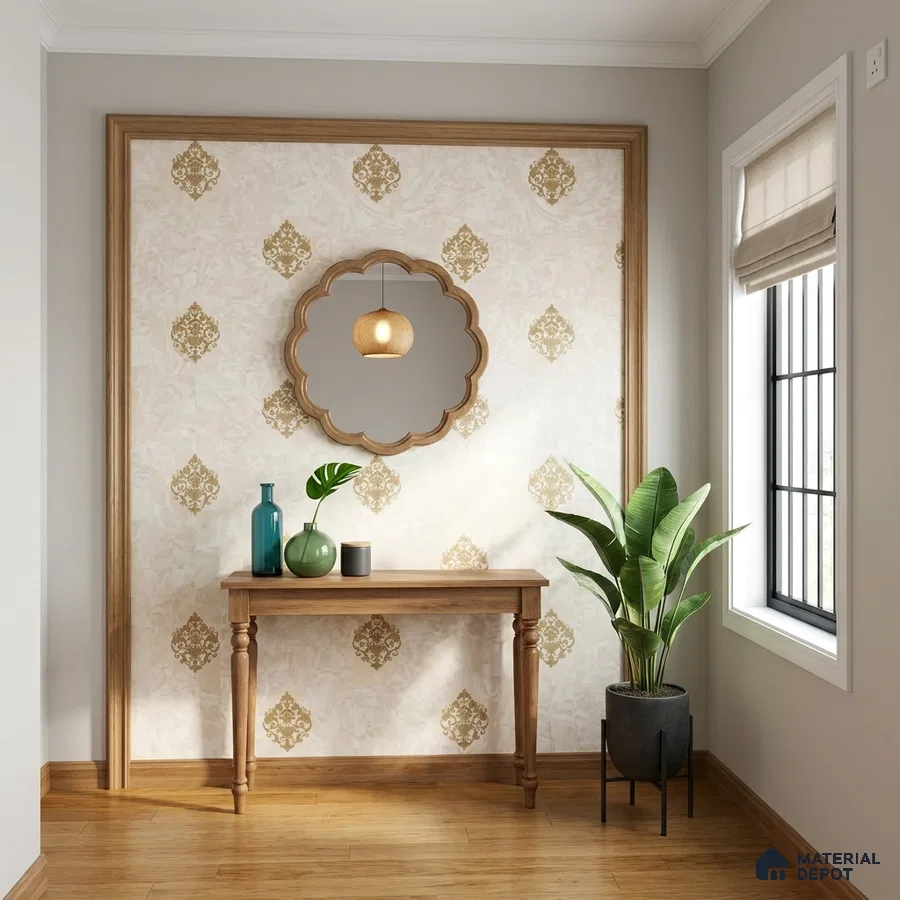 Traditional foyer with damask patterned wallpaper and natural wood console table