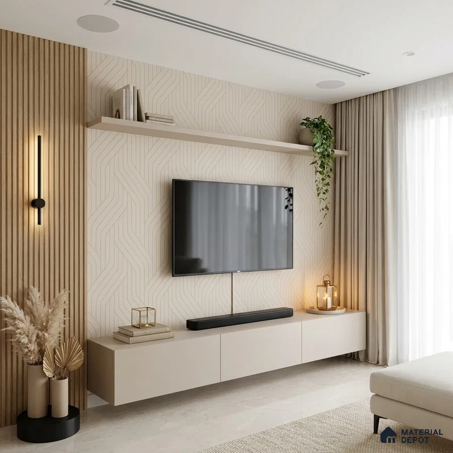 Minimalist living room with beige geometric wallpaper, fluted wood panels, and floating matte beige TV unit