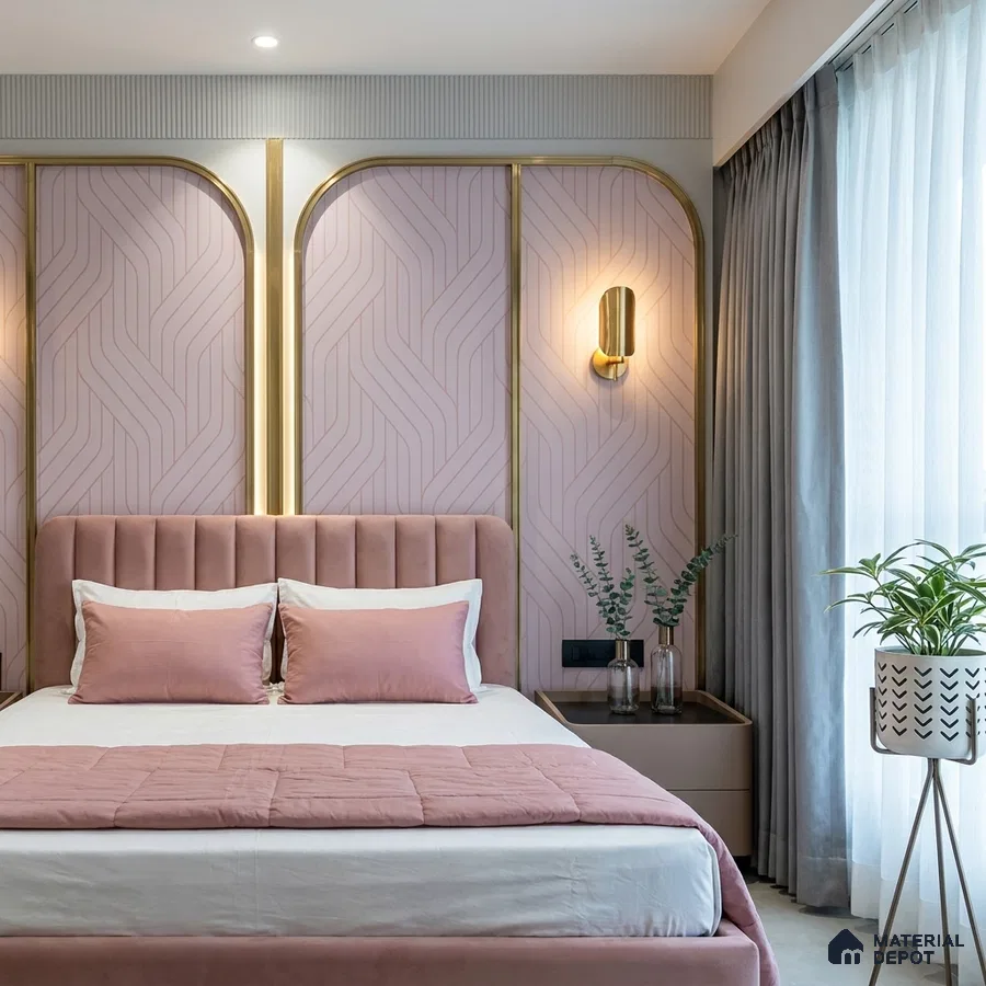 Art Deco bedroom with blush pink suede upholstered bed and geometric pastel pink wall panels