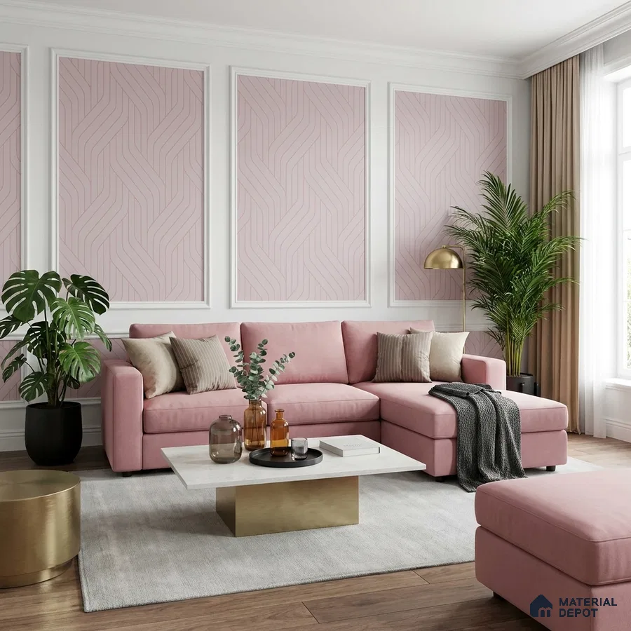 Modern living room with blush pink geometric wallpaper, pastel pink sofa, and wood flooring