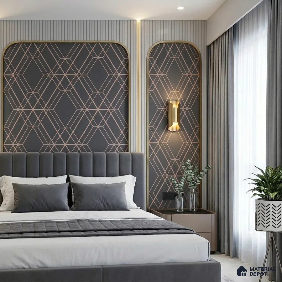 Art Deco bedroom with geometric wallpaper, fluted wall panels, and grey suede upholstered bed