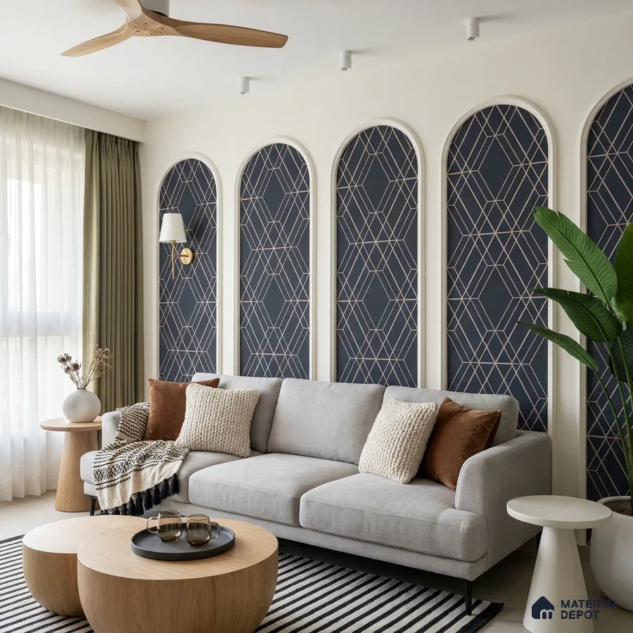 Modern living room with geometric patterned wallpaper and light wood accent tables