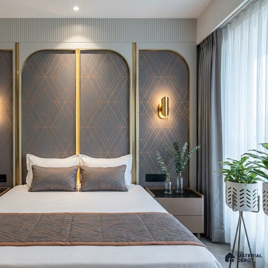 Modern bedroom with geometric wallpaper, gold accent profiles, and neutral palette