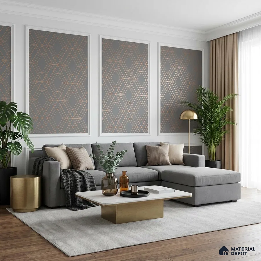 Modern living room with geometric wallpaper panels, grey sectional sofa, and marble-top coffee table