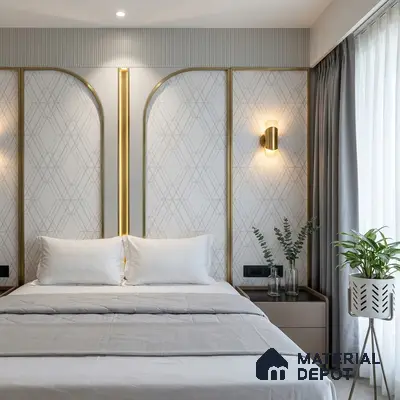 Modern bedroom with geometric wallpaper, gold accent profiles, and soft grey palette