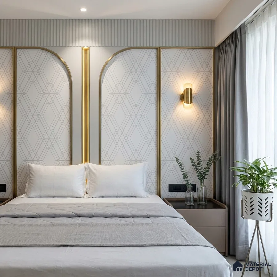 Modern bedroom with geometric wallpaper, gold accent profiles, and soft grey palette