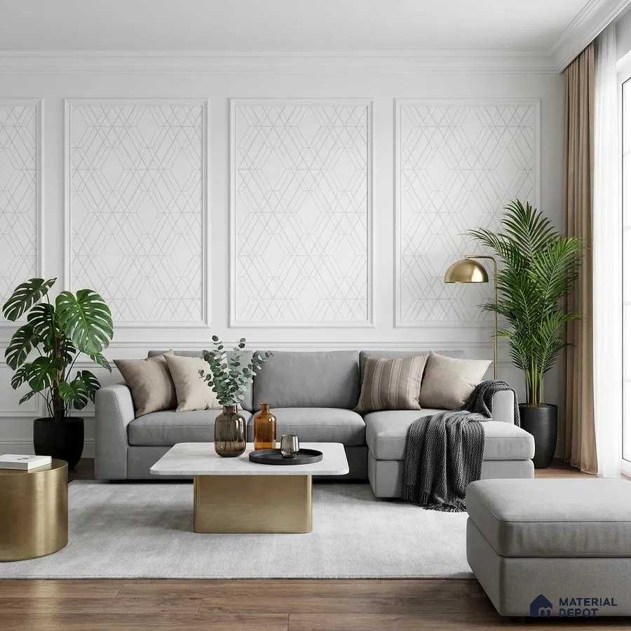 Modern living room with geometric wall panels, grey fabric sofa, and brass accent tables