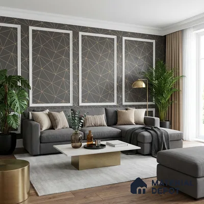 Modern living room with geometric wallpaper, grey sectional sofa, and marble-top coffee table