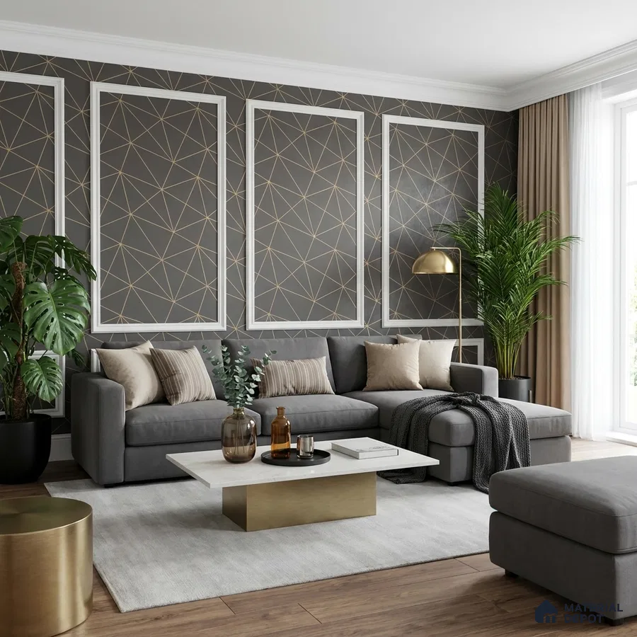 Modern living room with geometric wallpaper, grey sectional sofa, and marble-top coffee table