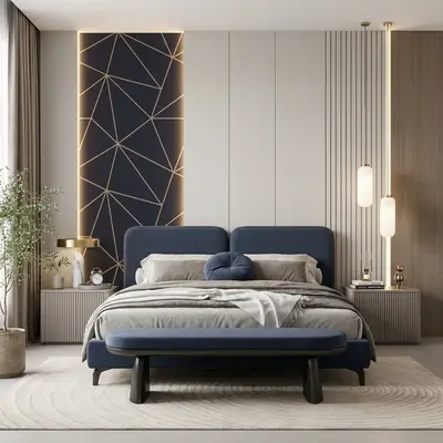 Modern bedroom with navy blue upholstered bed, geometric backlit accent panel, and fluted wall panels