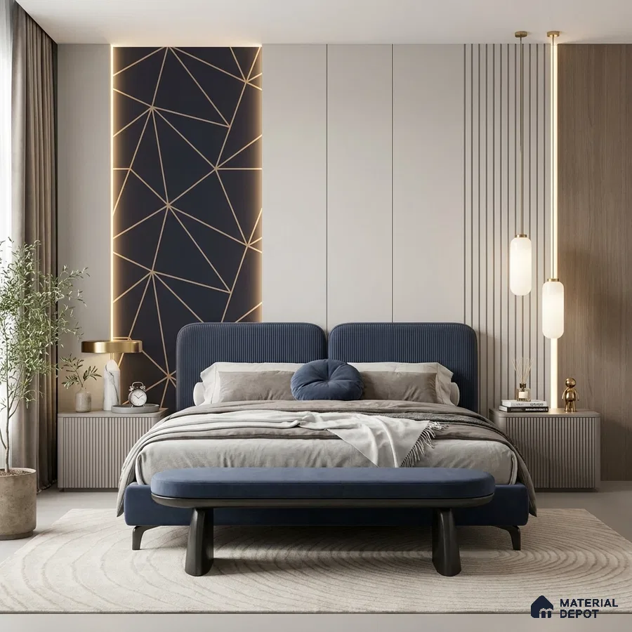 Modern bedroom with navy blue upholstered bed, geometric backlit accent panel, and fluted wall panels