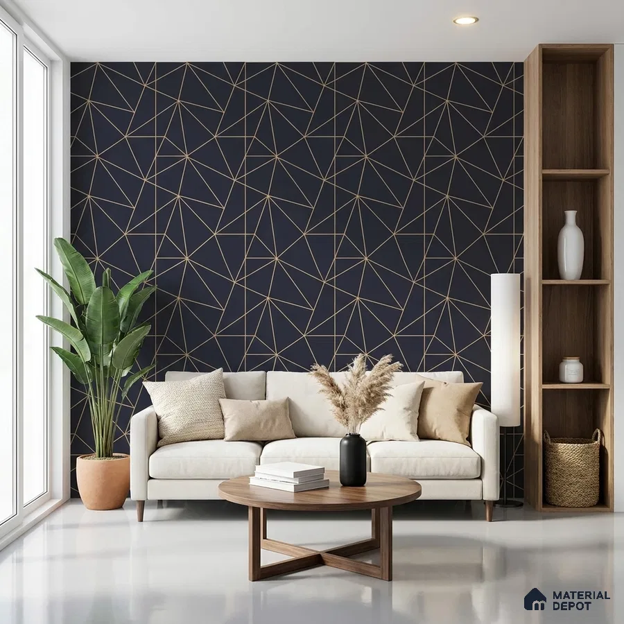 Modern living room with geometric wallpaper, beige sofa, and walnut wood accents
