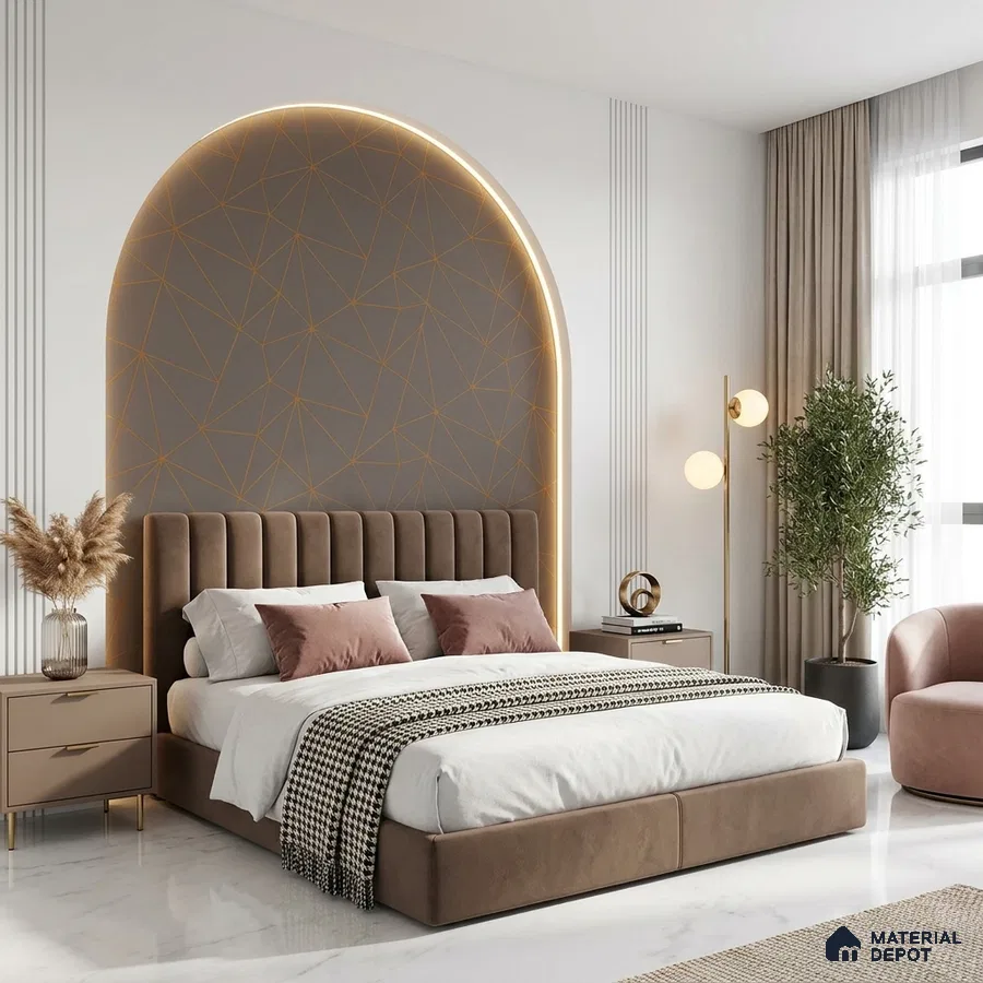 Modern bedroom with suede upholstered bed, geometric accent wall, and marble floor tile
