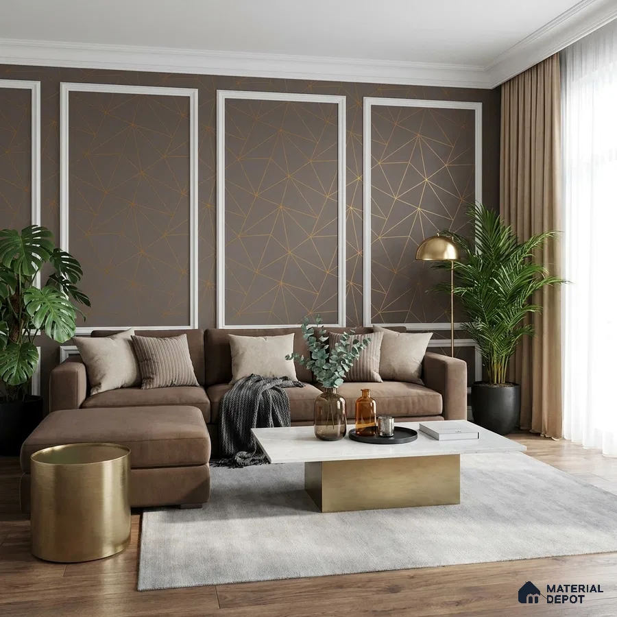 Modern living room with geometric wallpaper, brown suede sofa, and gold accent table