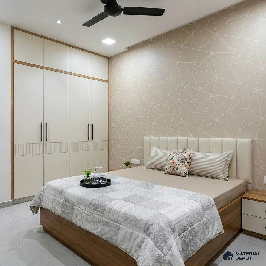 Minimalist bedroom with beige geometric wallpaper, frosty white wardrobe laminate, and light wood bed frame