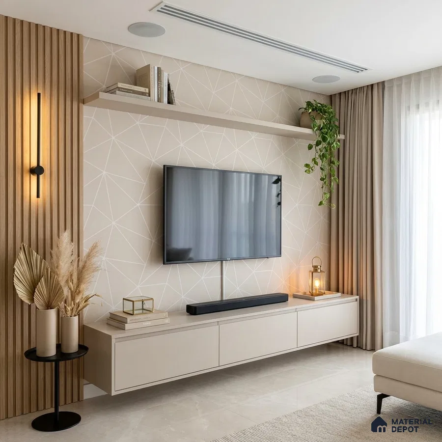 Scandinavian living room with beige geometric wallpaper, light oak fluted wall panels, and floating matte beige TV unit