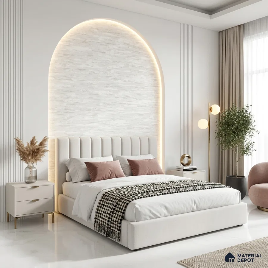 Minimalist bedroom with suede upholstered bed, white marble accent wall, and glossy white floor tile