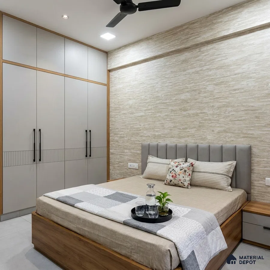 Modern bedroom with beige textured wallpaper, grey solid color laminate wardrobe, and wood finish bed