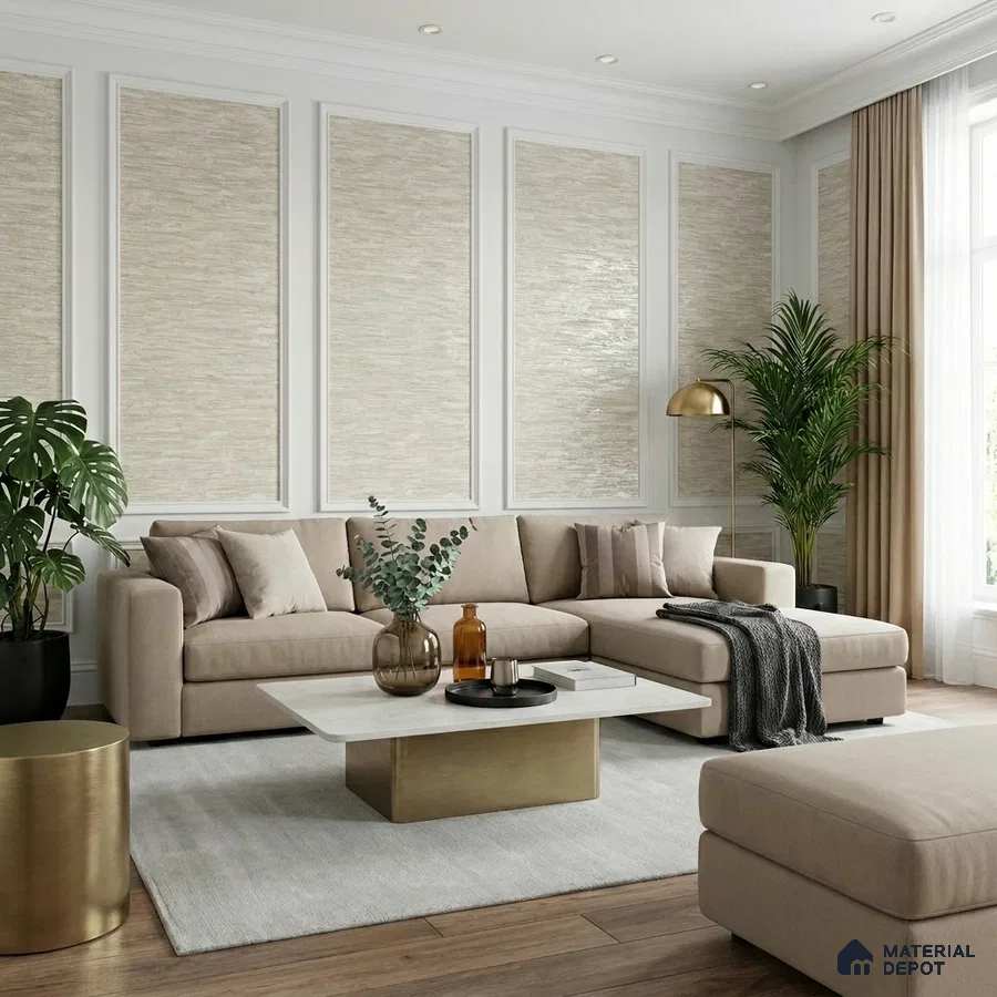 Modern living room with beige textured wallpaper, white panel moulding, and wooden flooring