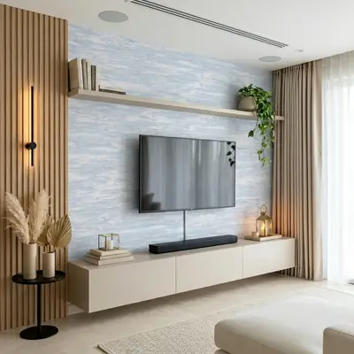Scandinavian living room with beige floating TV unit, light wood fluted panels, and blue textured wallpaper