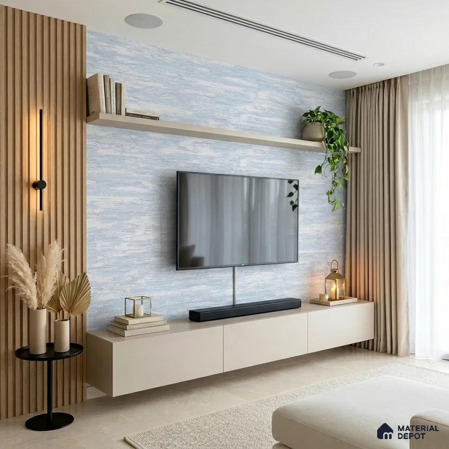Scandinavian living room with beige floating TV unit, light wood fluted panels, and blue textured wallpaper