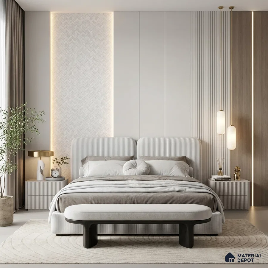 Minimalist bedroom with fluted wall panels, light wood accent, and upholstered bed