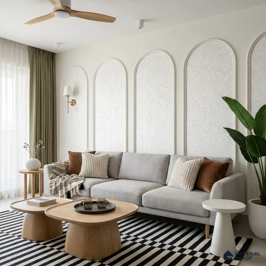 Scandinavian living room with light oak coffee tables, textured white wall panels, and striped rug