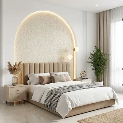 Minimalist bedroom with beige suede upholstered bed and herringbone textured accent wall