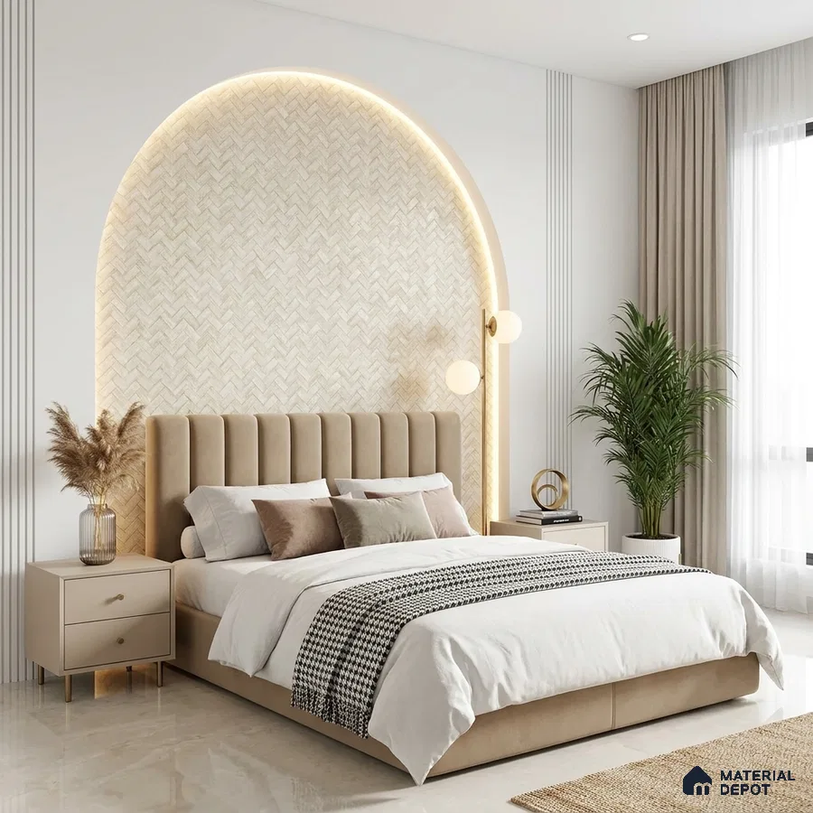 Minimalist bedroom with beige suede upholstered bed and herringbone textured accent wall