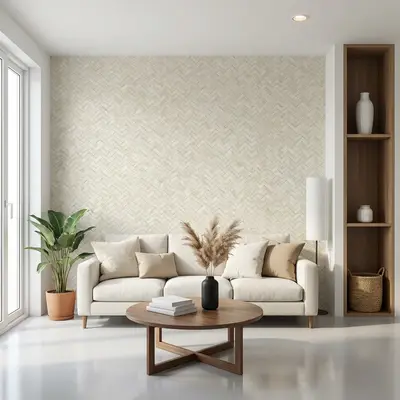 Scandinavian living room with herringbone textured wallpaper and natural wood accents