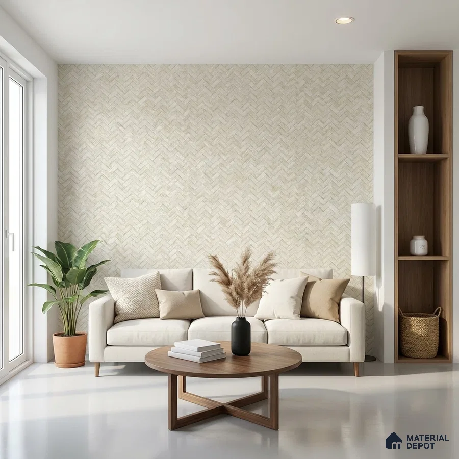 Scandinavian living room with herringbone textured wallpaper and natural wood accents