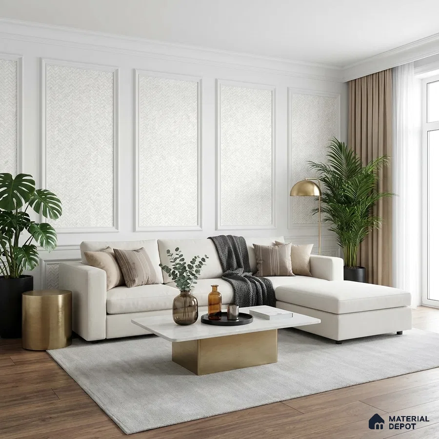 Modern living room with white panelled walls, beige upholstery, and wooden flooring