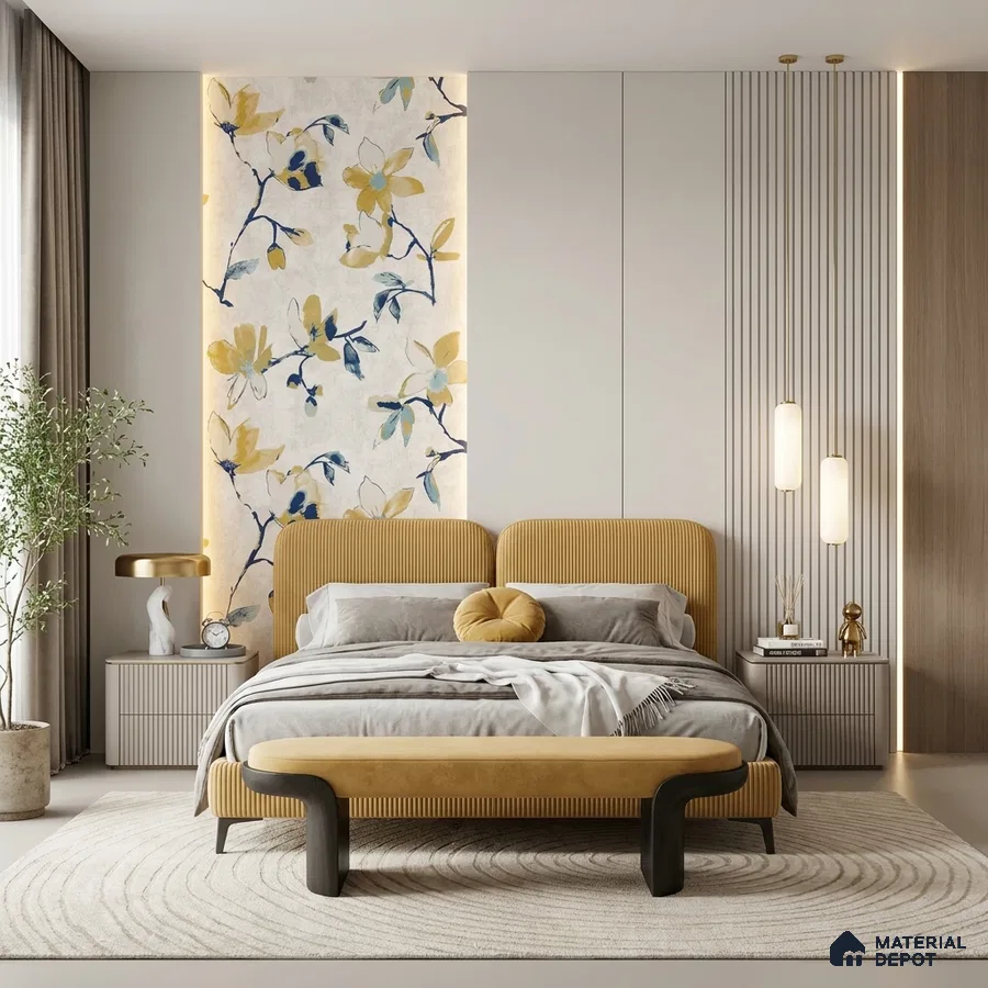 Modern bedroom with fluted mustard upholstered bed, floral wallpaper accent, and light wood wall panels