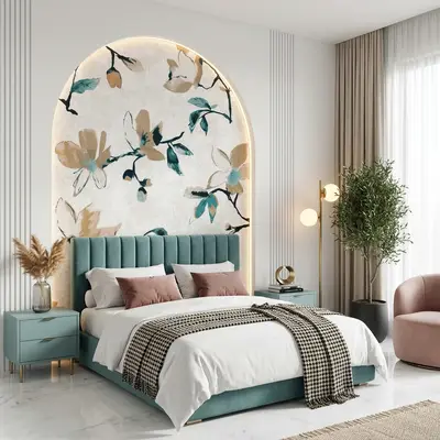 Modern bedroom with teal suede upholstered bed, floral wallpaper accent, and marble floor tile