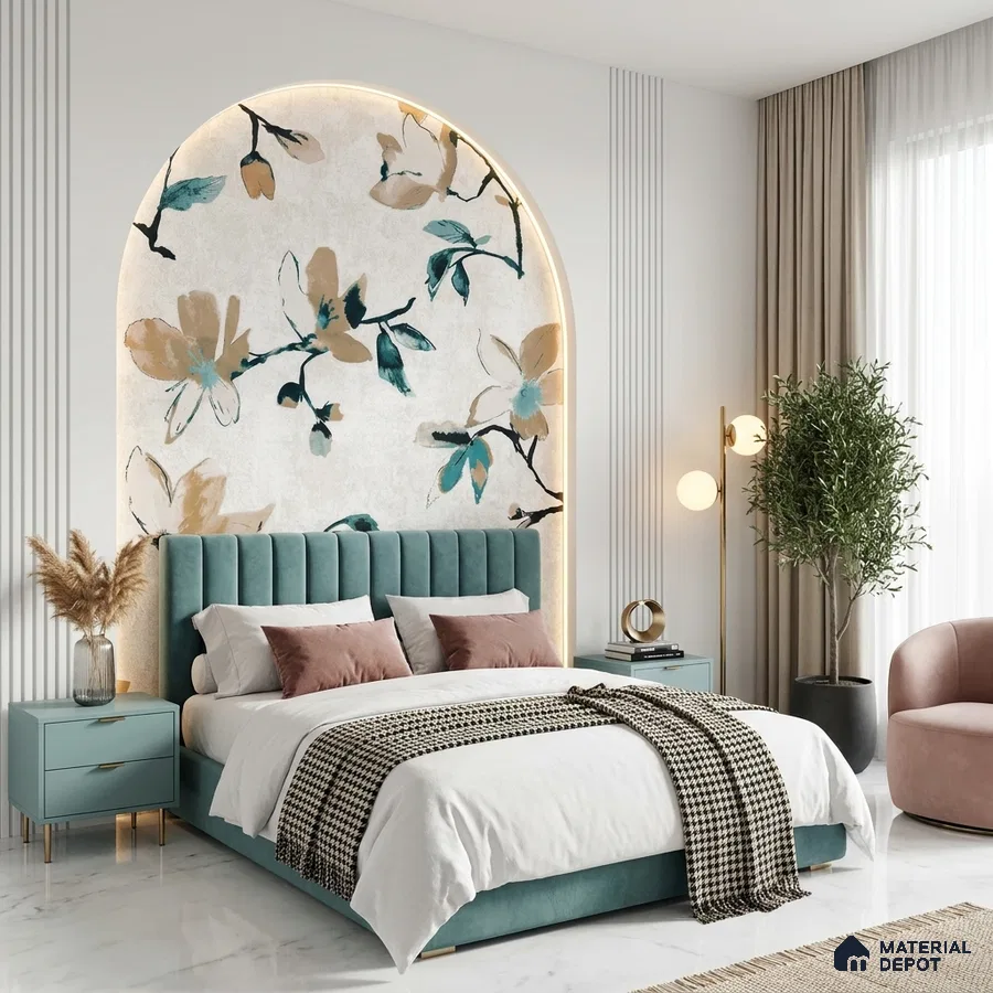 Modern bedroom with teal suede upholstered bed, floral wallpaper accent, and marble floor tile