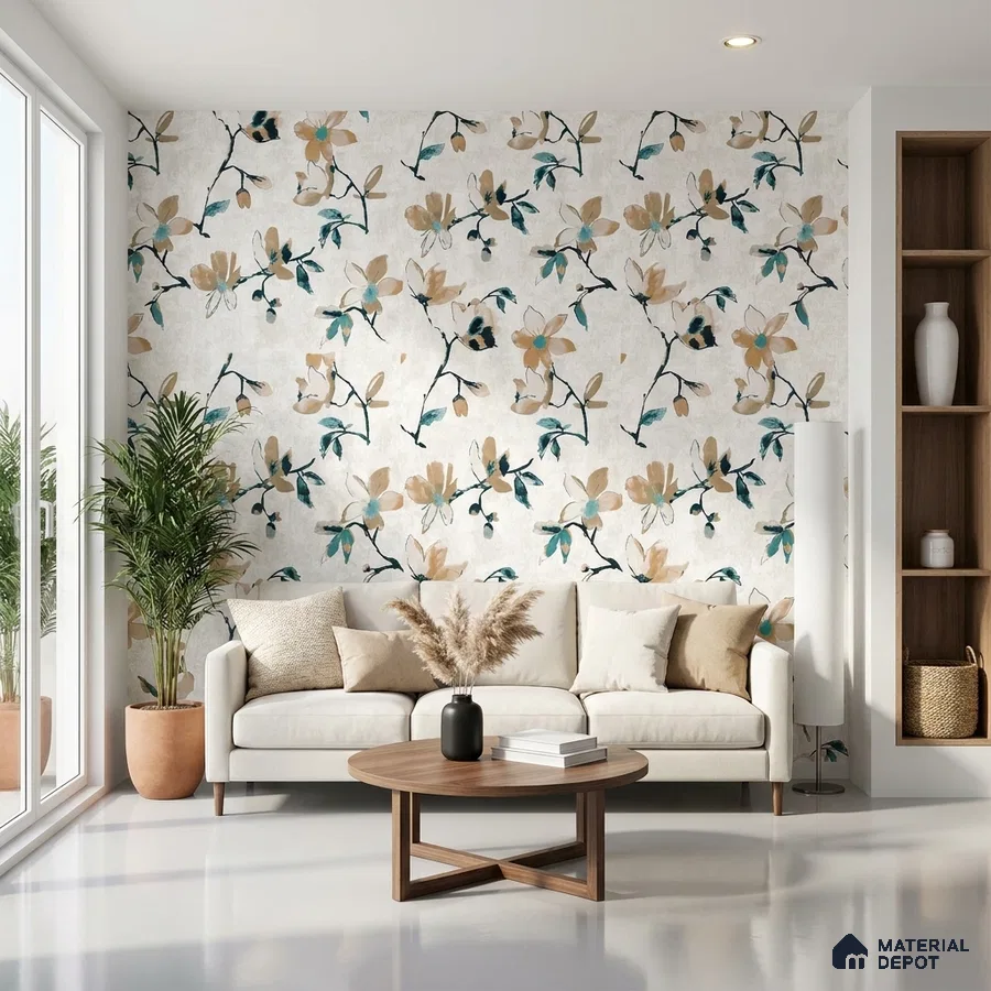 Modern living room with floral wallpaper and beige sofa on glossy white floor