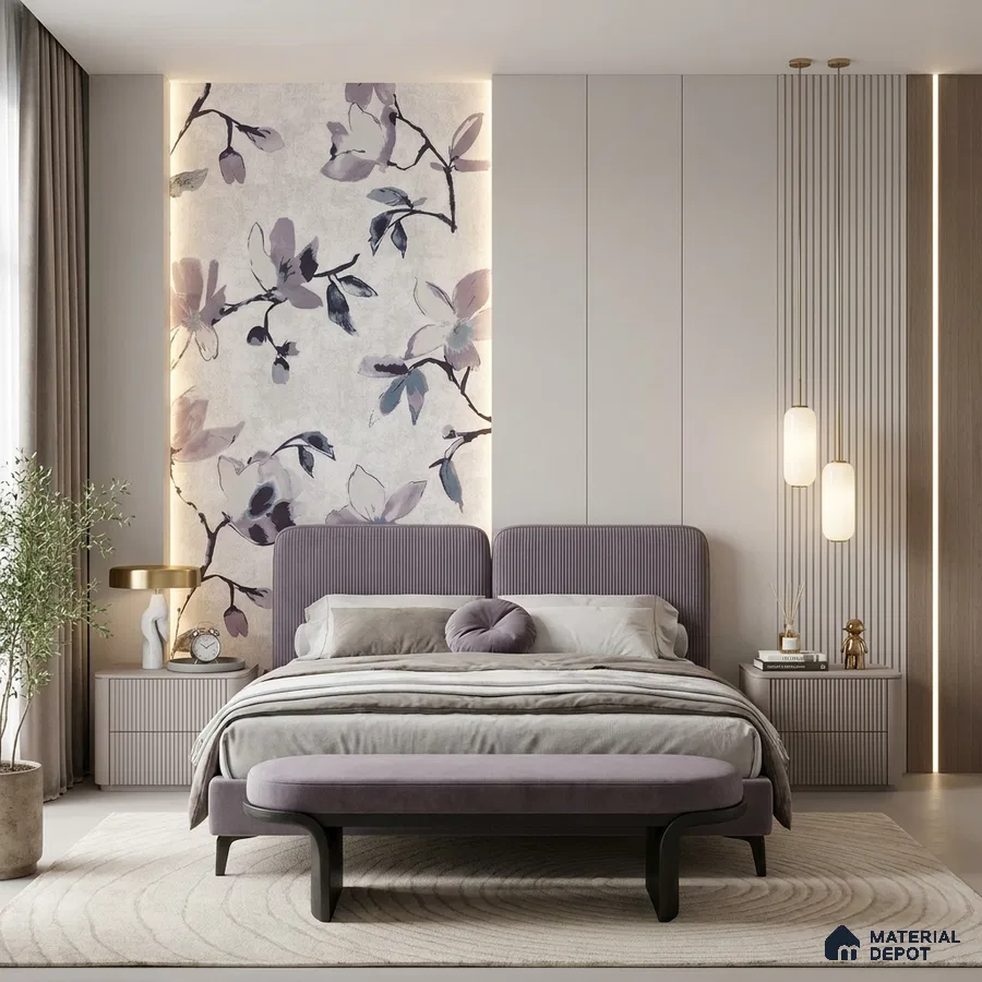 Japandi bedroom with floral wallpaper, suede upholstered bed, and fluted wall panels
