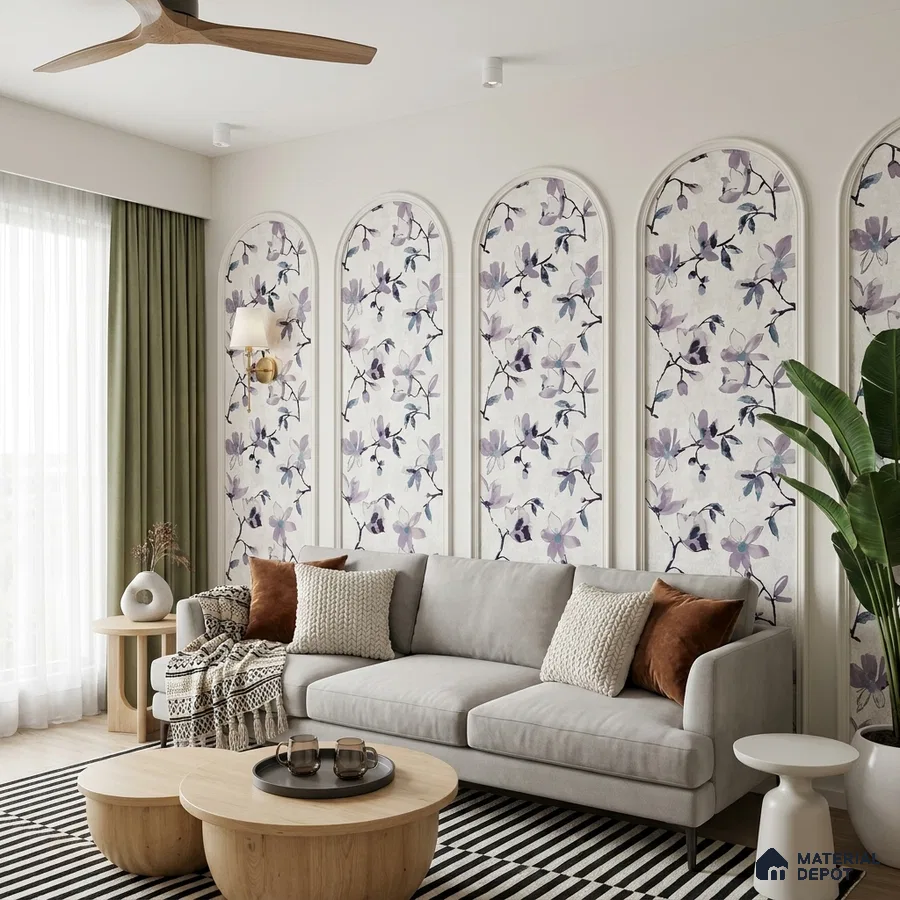 Scandinavian living room with floral wallpaper panels and light wood coffee tables