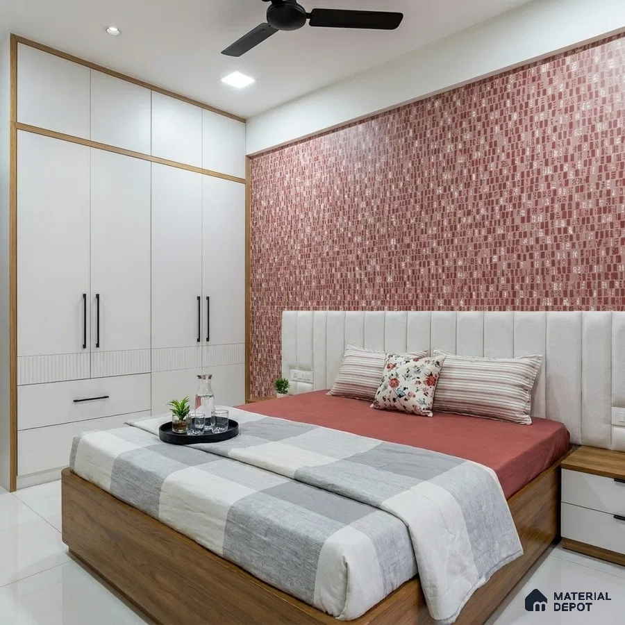 Modern bedroom with white laminate wardrobe, blush pink mosaic wallpaper, and upholstered headboard