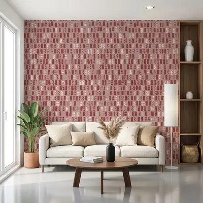 Scandinavian living room with abstract patterned terracotta wallpaper and light wood accents