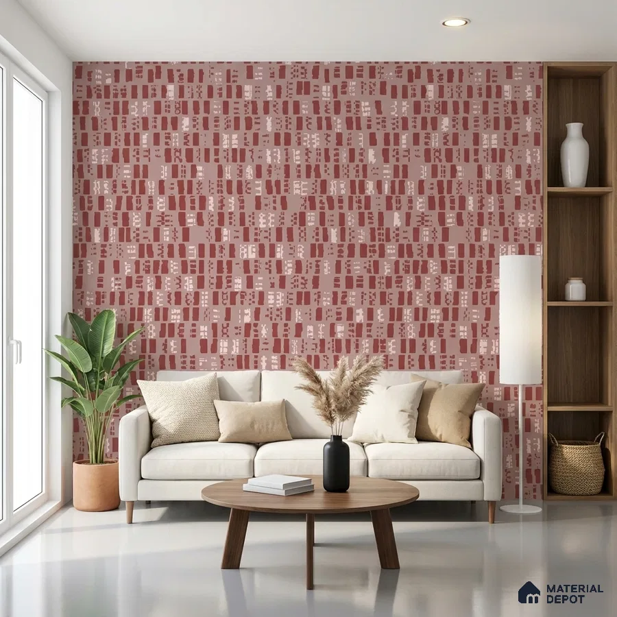 Scandinavian living room with abstract patterned terracotta wallpaper and light wood accents