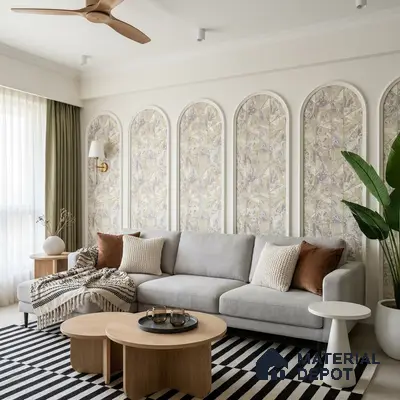 Scandinavian living room with patterned wallpaper panels, light wood tables, and striped rug