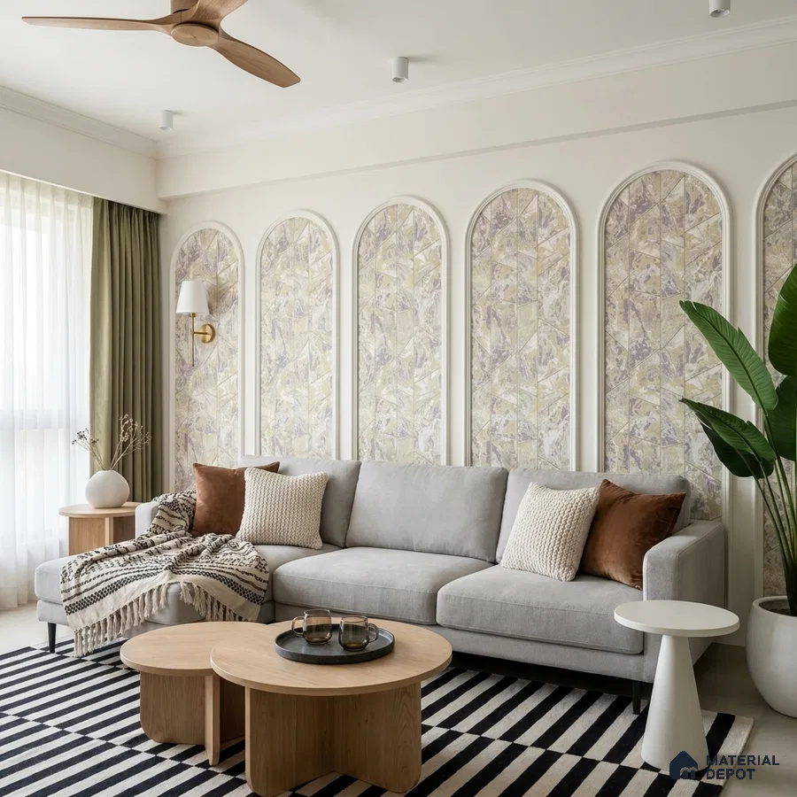 Scandinavian living room with patterned wallpaper panels, light wood tables, and striped rug