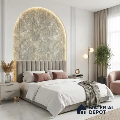 Modern bedroom with marble accent wall, suede upholstered bed, and white marble floor tile