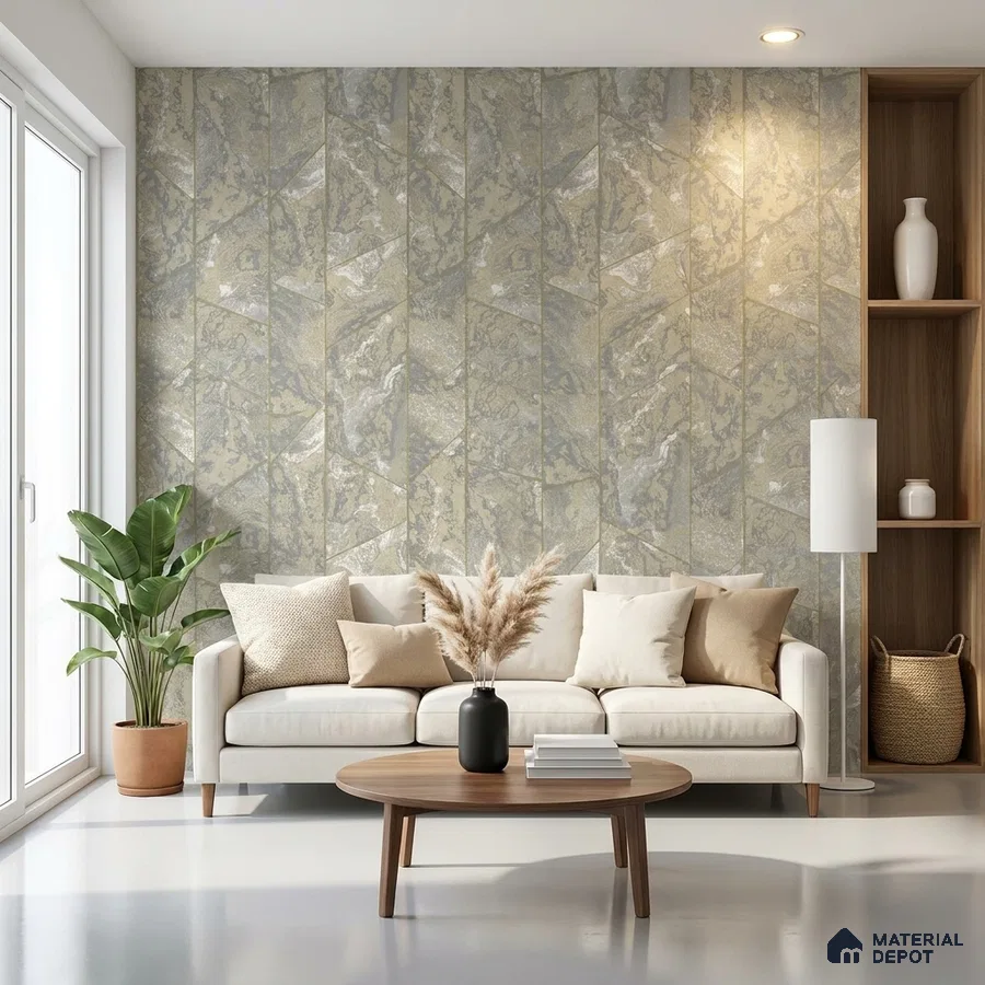 Scandinavian living room with chevron marble-look wall panels and light wood accents