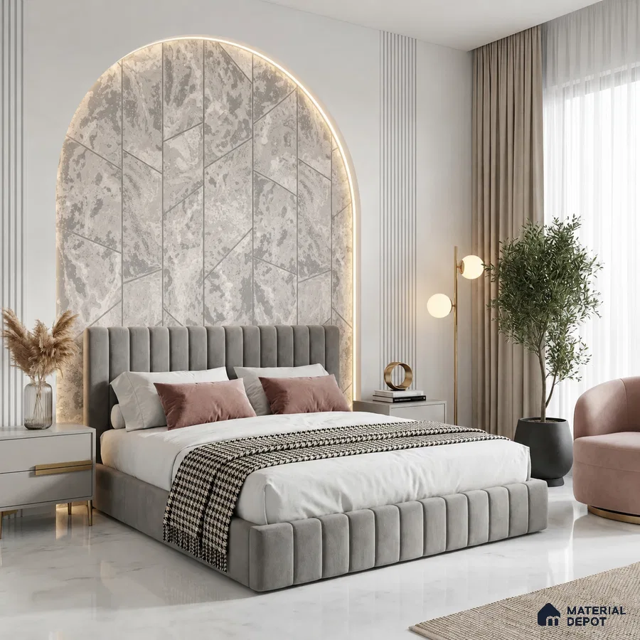 Modern bedroom with suede upholstered bed, textured grey wall panels, and marble floor tile