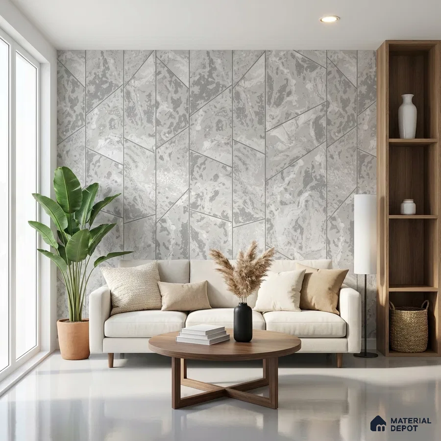 Scandinavian living room with grey geometric marble-look wall panels and light wood accents
