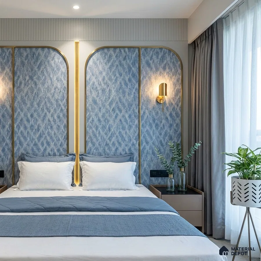 Modern bedroom with blue patterned wallpaper, gold accent profiles, and grey fabric headboard panel